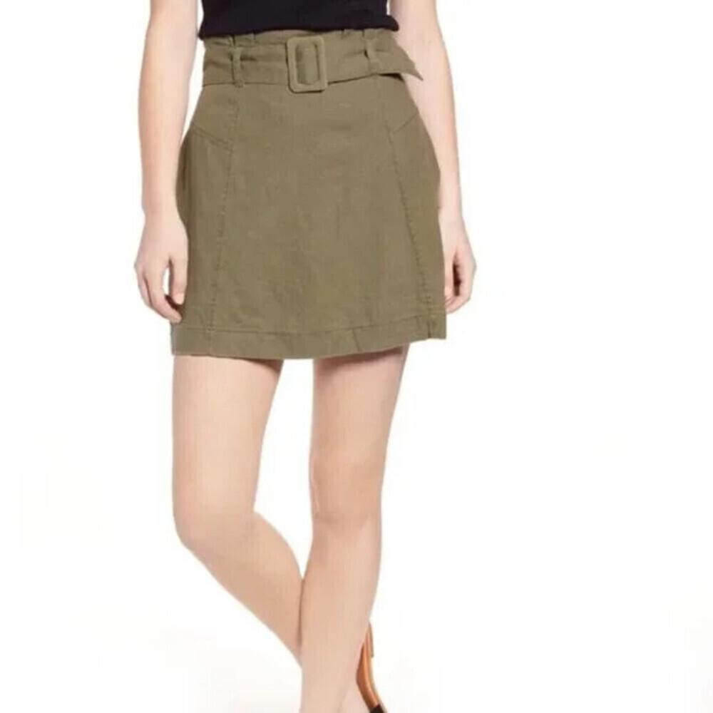 BP Belted Linen Blend Paper Bag Waist Mini Skirt In Olive Green Size XS NWT